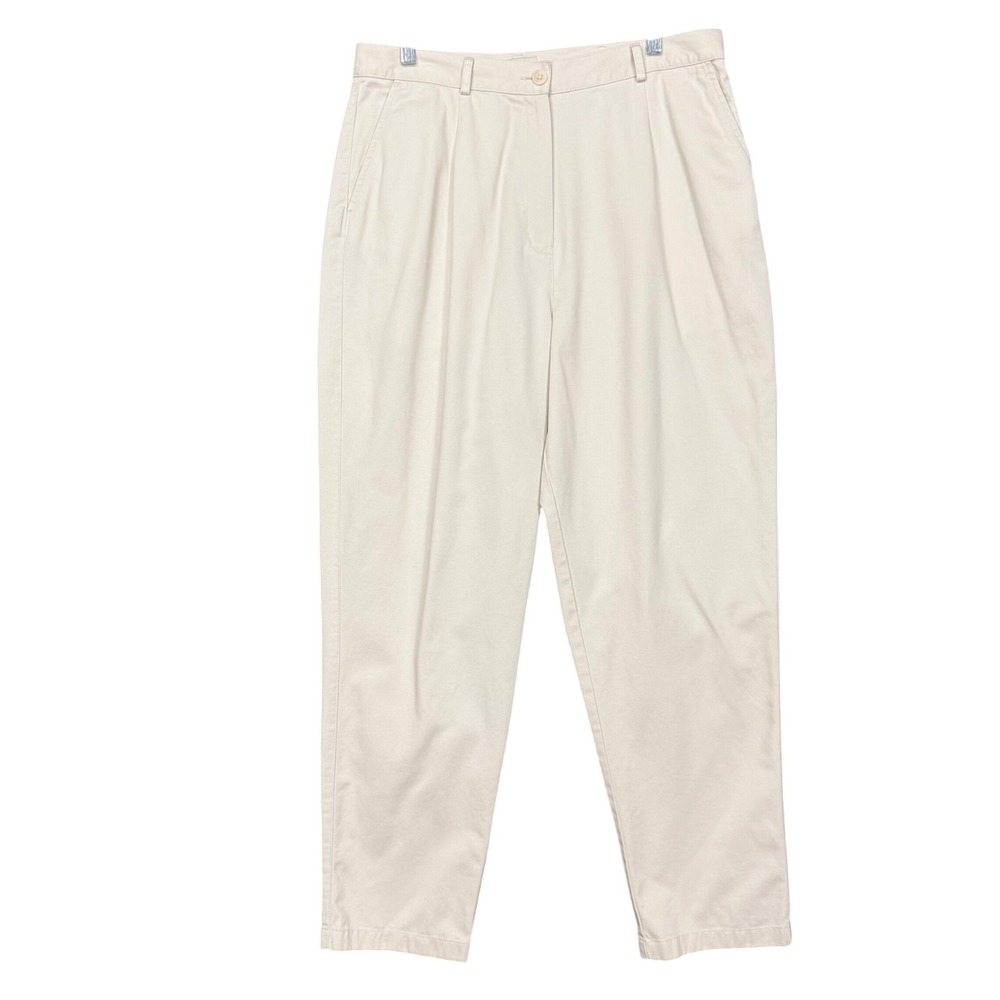 LL Bean Chino Trousers Womens 16 Cream Original Fit Pleated Cotton Khaki Pants